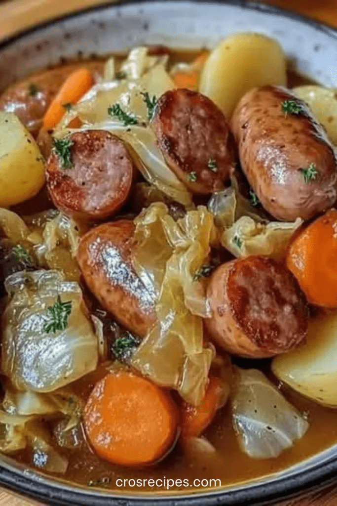 Chou braisé aux saucisses fumées avec pommes de terre et carottes, légumes fondants dans un bouillon parfumé, servi chaud en cocotte rustique