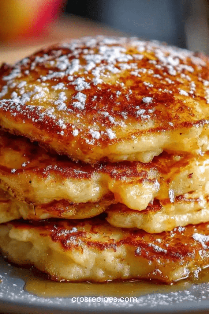 Crêpes levées aux pommes dorées à la poêle, texture épaisse et moelleuse visible, morceaux de pommes fondants intégrés, servies chaudes avec miel