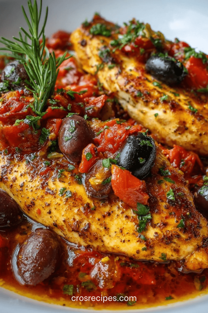 Blanc de poulet mijoté à la provençale avec tomates concassées et olives noires, sauce rouge parfumée aux herbes, servi chaud dans une poêle rustique