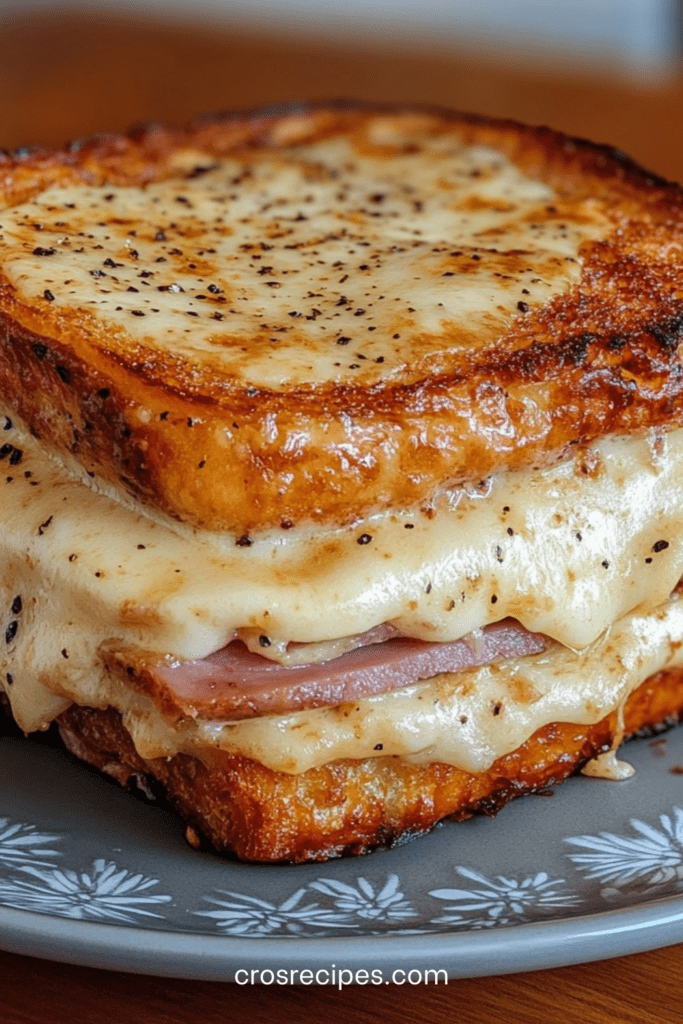 Croque-monsieur gratiné au fromage fondant avec pain doré et croustillant, fromage filant visible à la découpe, servi chaud avec surface bien gratinée