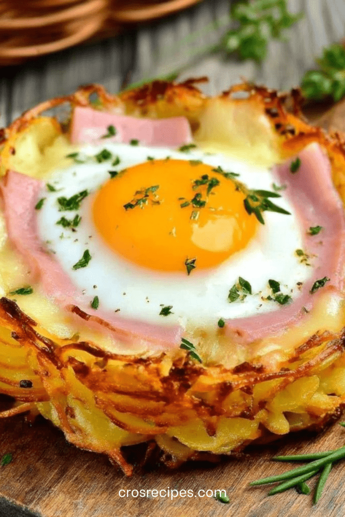 Nid de pommes de terre croustillants garnis de fromage à raclette fondant, jambon et œuf coulant, dorés au four et servis chauds