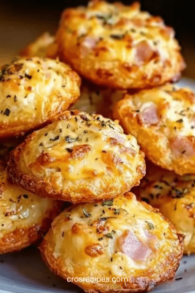 Cookies salés au parmesan et au jambon dorés au four, texture croustillante à l’extérieur et moelleuse à l’intérieur, servis sur une assiette pour apéritif