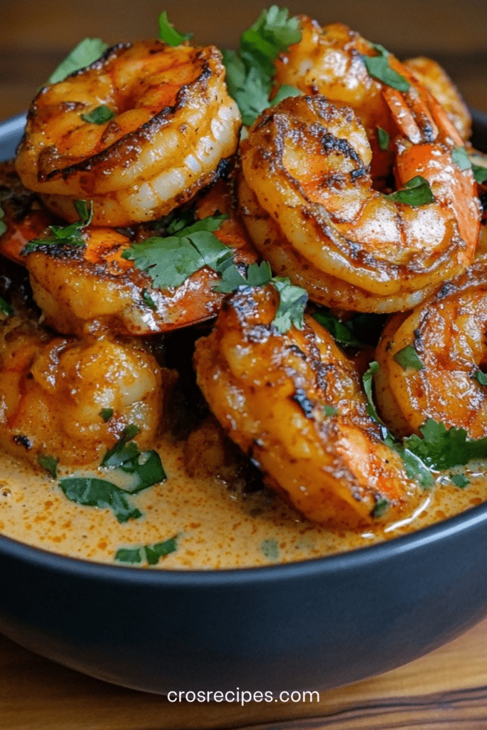 Crevettes roses mijotées dans une sauce crémeuse au lait de coco et aux épices, citron vert et coriandre fraîche, servies dans une poêle chaude