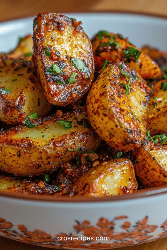 Pommes de terre rôties au four croustillantes et dorées, enrobées d’épices, ail et persil frais, servies dans un plat rustique