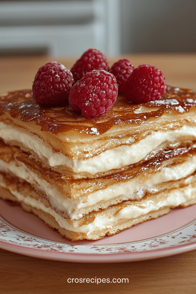 Gâteau mille-crêpes garni de crème pâtissière à la vanille et de framboises fraîches, découpé en parts nettes et présenté sur un plat à dessert