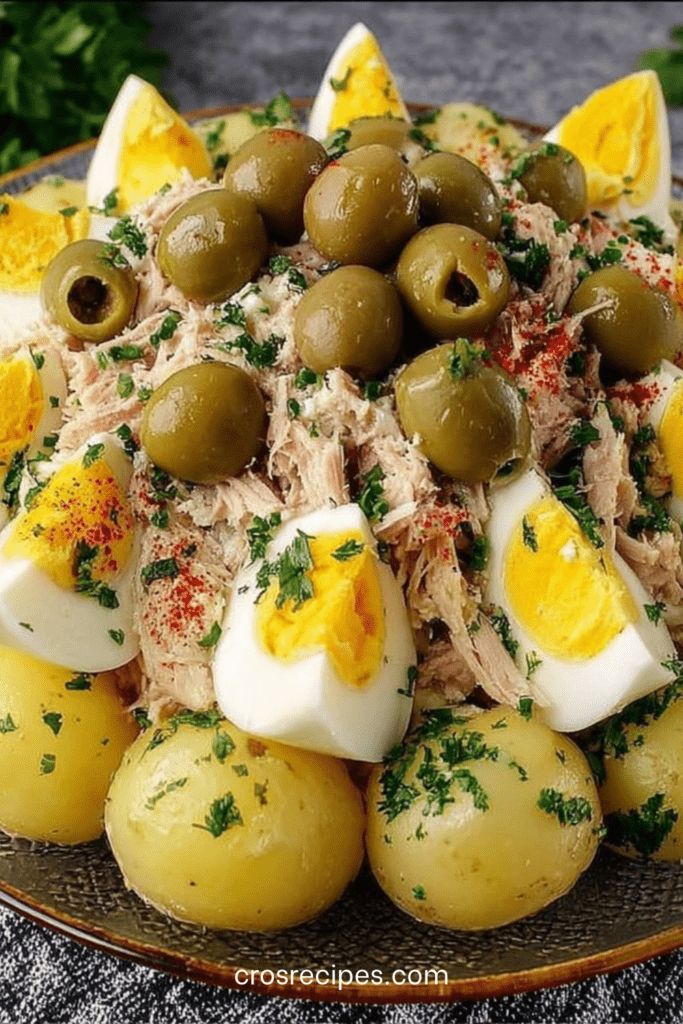 Salade de pommes de terre au thon avec œufs durs, olives et persil frais, assaisonnée d’une vinaigrette à l’huile d’olive, servie dans un grand plat