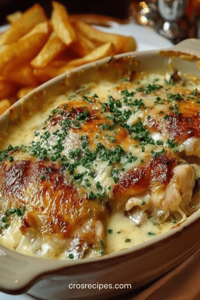 Poulet au Maroilles gratiné au four avec sauce crémeuse, oignons fondants et persil frais, servi dans un plat rustique du Nord