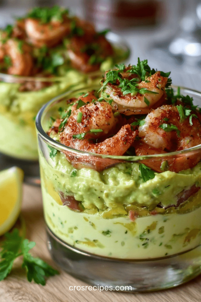 Verrines crevettes grillées, mangue fraîche et guacamole citronné, superposées en couches colorées et servies bien fraîches