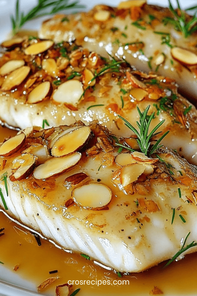 Filet de poisson doré à la poêle, nappé de beurre citronné aux amandes effilées, servi avec herbes fraîches et sauce brillante
