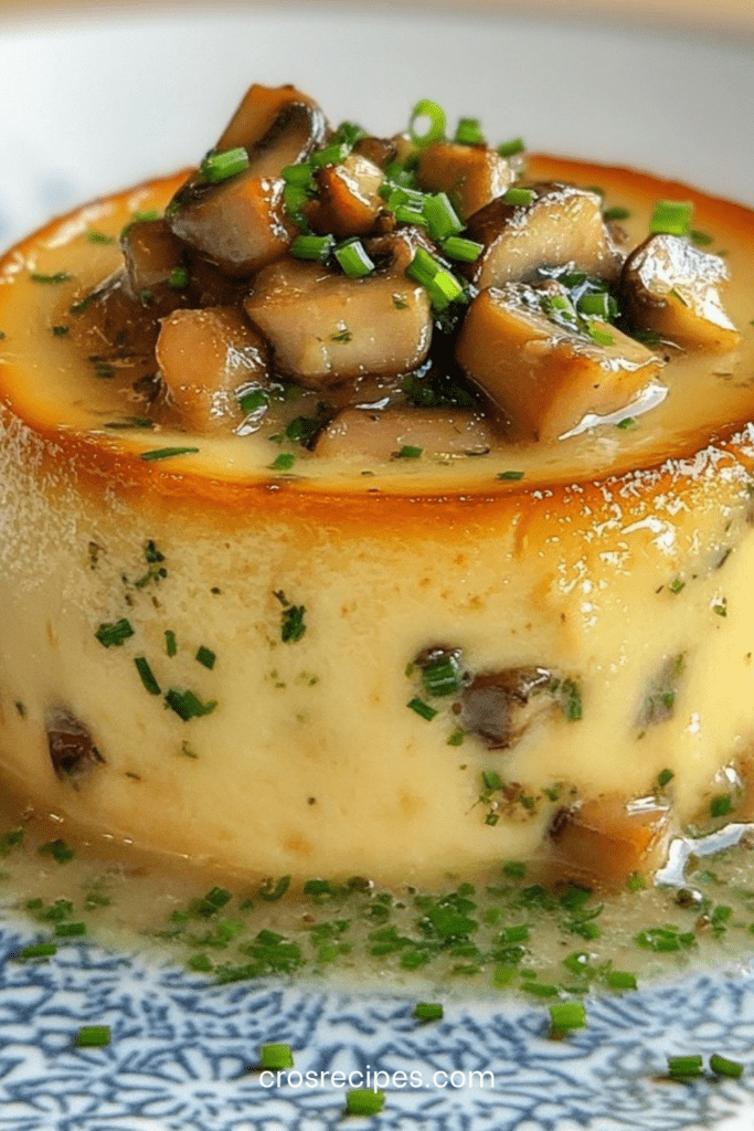 Flan salé individuel aux champignons de Paris et ciboulette, texture fondante, démoulé sur assiette avec finition aux herbes fraîches