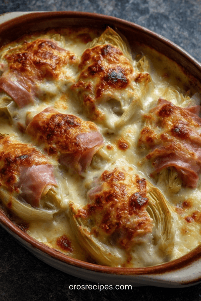 Gratin d’endives au jambon nappé de béchamel maison et fromage gratiné, doré au four dans un plat familial