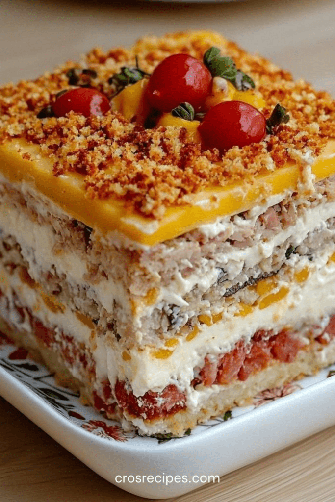 Gâteau salé en couches de pain de mie garni de crème au thon, mangue et tomate, décoré d’herbes fraîches et tomates cerises pour buffet