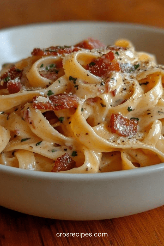 Tagliatelles nappées de sauce crémeuse aux lardons croustillants et fromage fondant, parsemées de persil frais et poivre noir