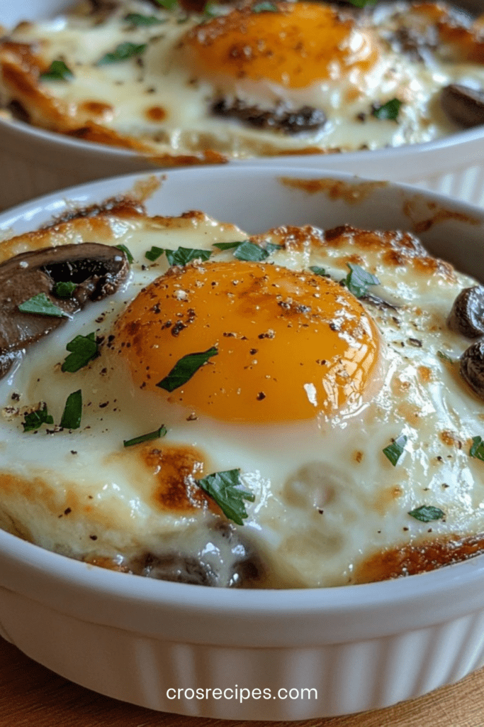 Œufs cocotte au four servis en ramequins, garnis de champignons sautés et de fromage gratiné doré, avec jaune coulant.