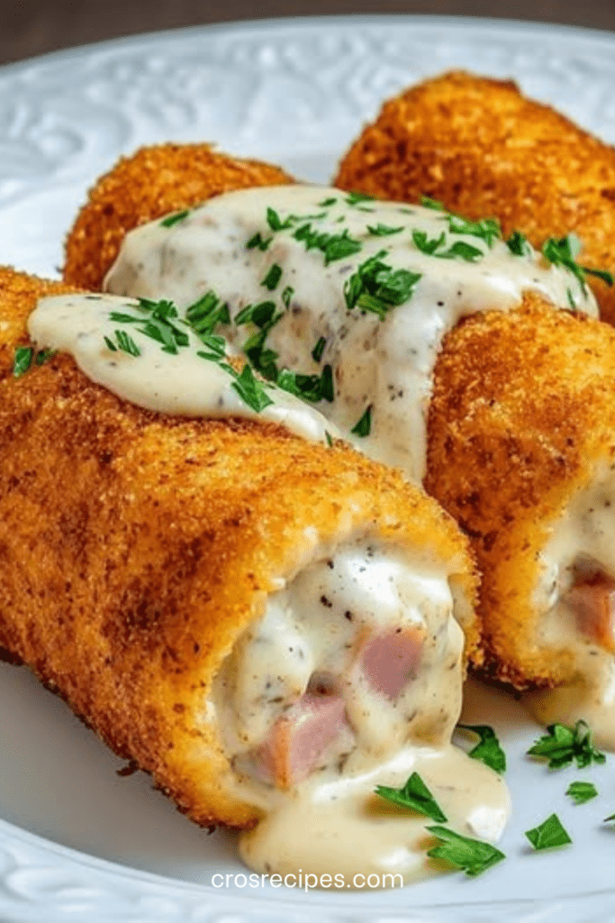 Poulet cordon bleu maison roulé et pané, doré et croustillant, garni de fromage fondant et de jambon, servi bien chaud.