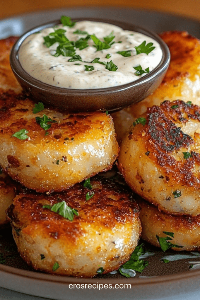 Galettes de thon dorées et croustillantes à la poêle, servies avec une sauce crémeuse aux herbes fraîches, texture fondante à l’intérieur.