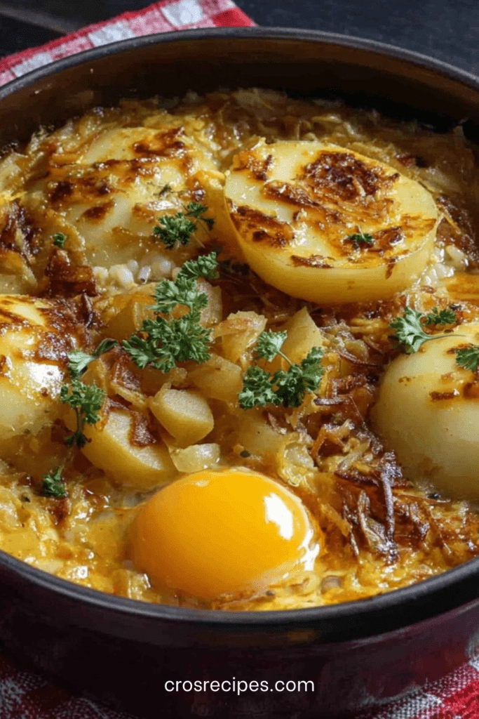 Poêlée de pommes de terre dorées avec oignons fondants et œufs au jaune coulant, servie chaude directement à la poêle.