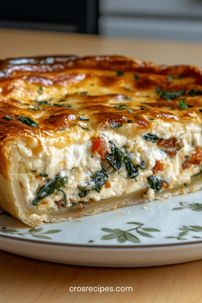 Quiche crémeuse maison aux légumes avec épinards, tomates et herbes fraîches, appareil crémeux aux œufs et fromage, dorée au four.