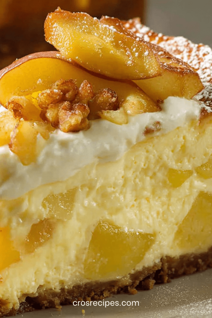 Cheesecake fondant aux pommes caramélisées et noix concassées, base biscuit sablé, texture crémeuse et dessus doré, servi bien frais.