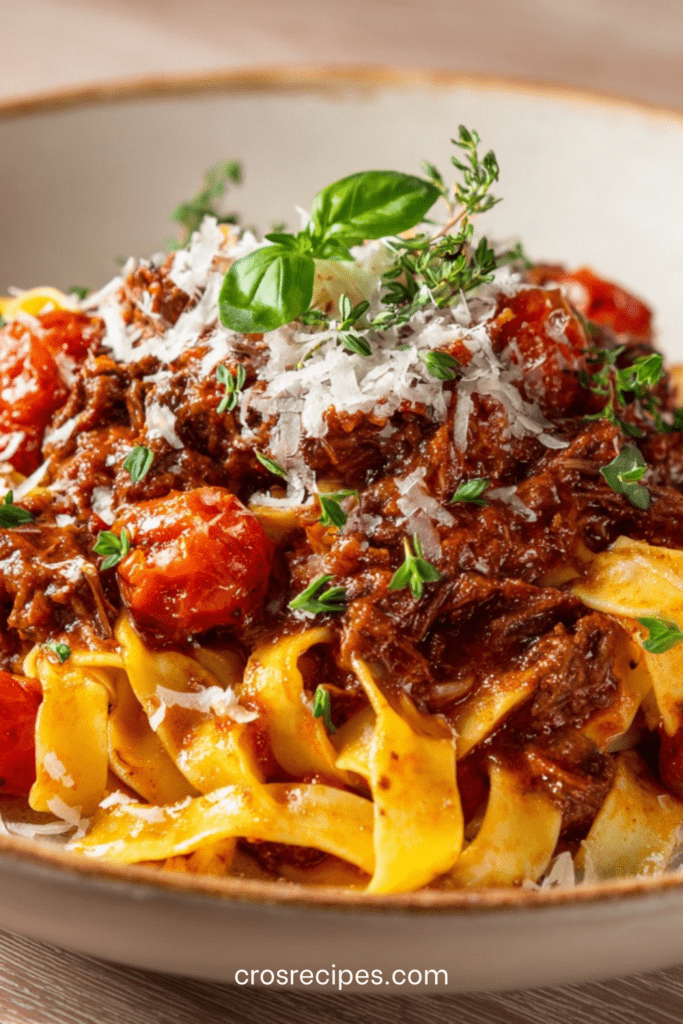 Pappardelle fraîches nappées d’une sauce bolognaise italienne épaisse au bœuf effiloché, tomates et herbes, servies avec parmesan.