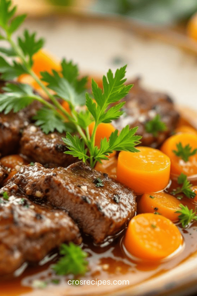 Bœuf aux carottes mijoté en cocotte, viande tendre, carottes fondantes et sauce brune onctueuse, servi bien chaud.