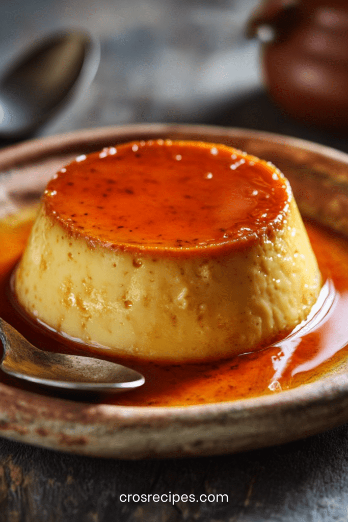 Flan aux œufs maison au sucre roux, texture lisse et fondante, cuit au bain-marie et servi bien frais.