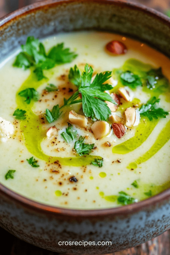 Velouté de chou-fleur crémeux servi dans un bol, garni de noisettes torréfiées et d’un filet d’huile de persil verte.