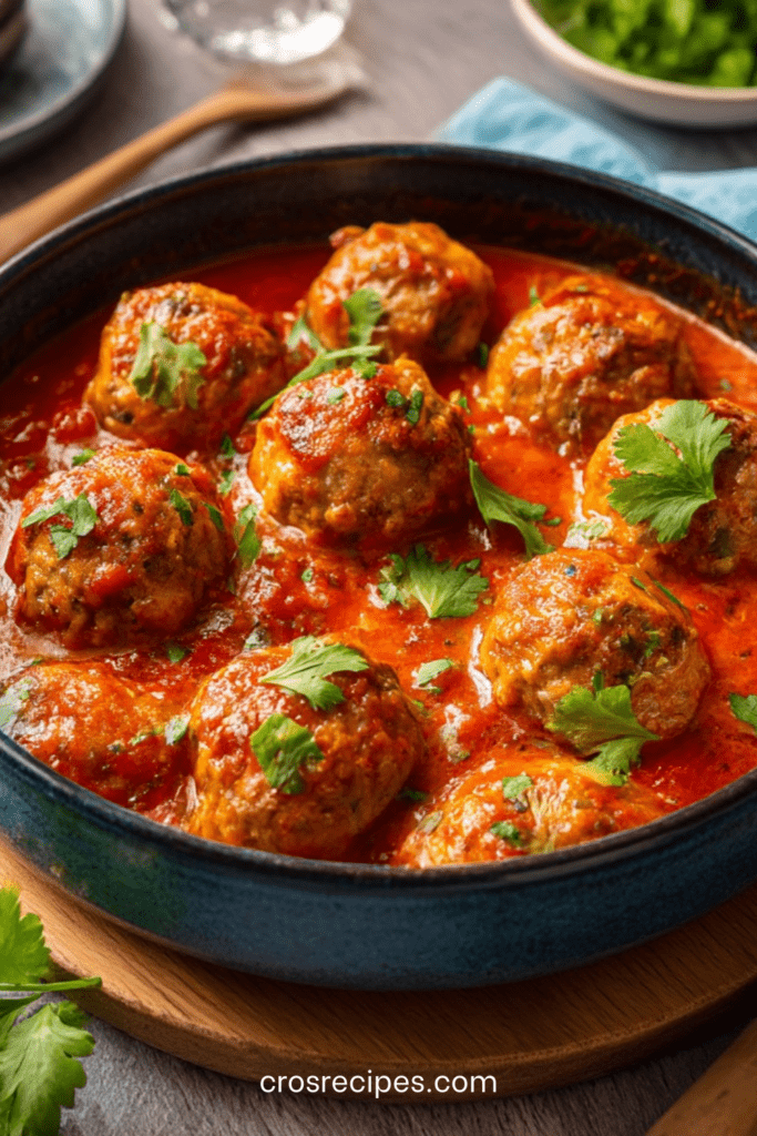 Boulettes de viande maison mijotées dans une sauce tomate épicée, servies chaudes avec herbes fraîches et pain pour saucer.