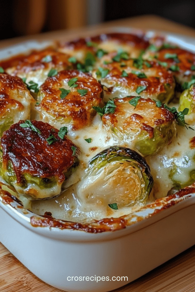 Gratin de choux de Bruxelles au fromage, crémeux et doré au four, servi chaud avec une croûte fondante et gratinée.