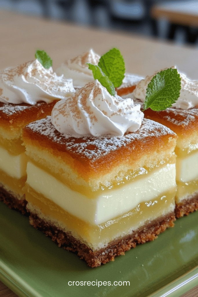 Carrés citron et crème vanille, base biscuitée, couches fondantes et finition au sucre glace, découpés en parts nettes.