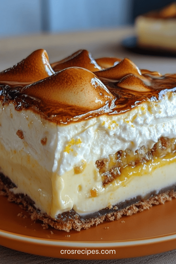 Cheesecake crémeux au caramel beurre salé sur base biscuitée, recouvert d’une meringue dorée et légèrement croustillante.