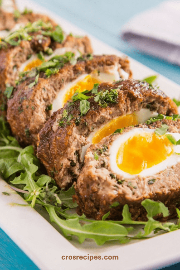 Pain de kefta marocain aux œufs, tranché et servi chaud, viande épicée fondante avec œufs au centre sur lit de verdure.