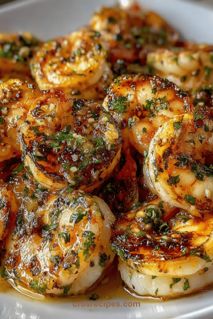 Crevettes sautées à l’ail et aux herbes fraîches, dorées à la poêle, brillantes et juteuses, servies bien chaudes.