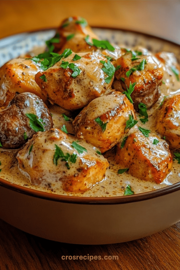 Mijoté de poulet crémeux aux champignons et pommes de terre, sauce onctueuse, servi bien chaud en cocotte.