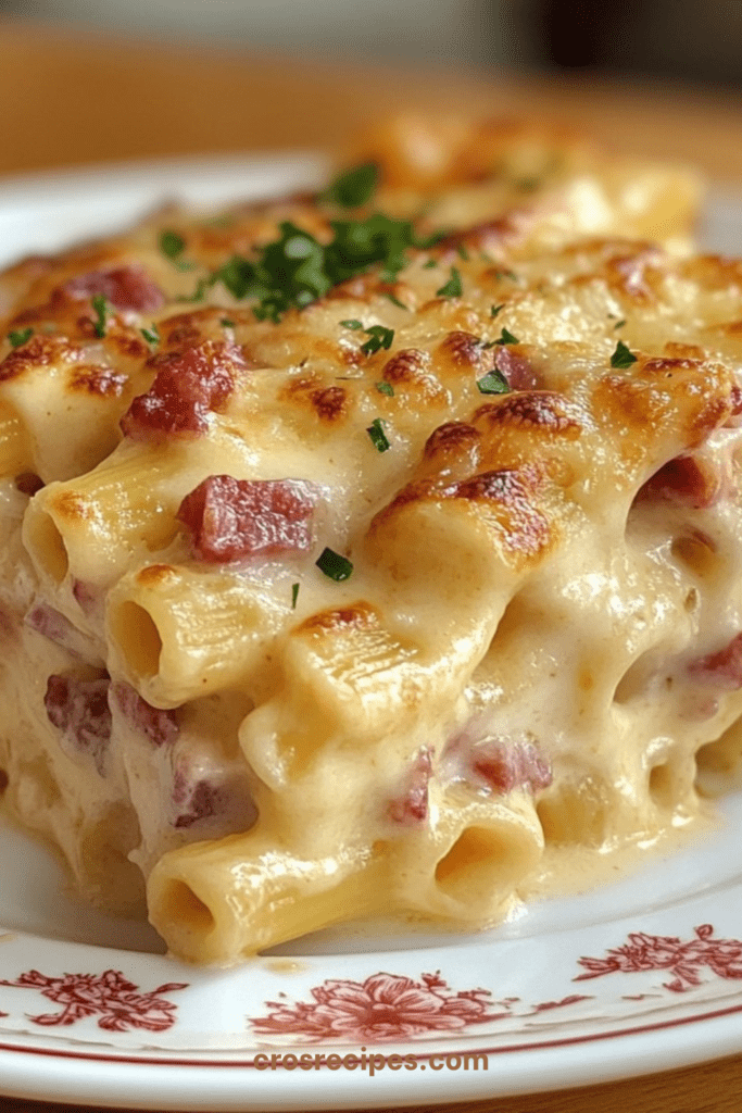 Gratin de pâtes au jambon et fromage doré au four, texture fondante à l’intérieur et croûte gratinée croustillante.