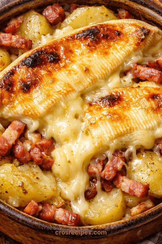 Tartiflette fondante aux pommes de terre, lardons fumés et fromage coulant gratiné au four dans un plat familial doré.