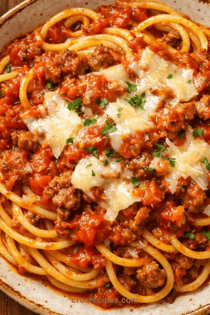 Spaghetti bolognaise maison avec sauce tomate mijotée au bœuf, parmesan râpé et persil frais, servis bien chauds dans une assiette généreuse.