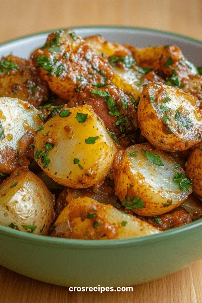 Pommes de terre sautées dorées à la poêle, enrobées de sauce tomate légèrement caramélisée et parsemées de persil frais, servies bien chaudes.