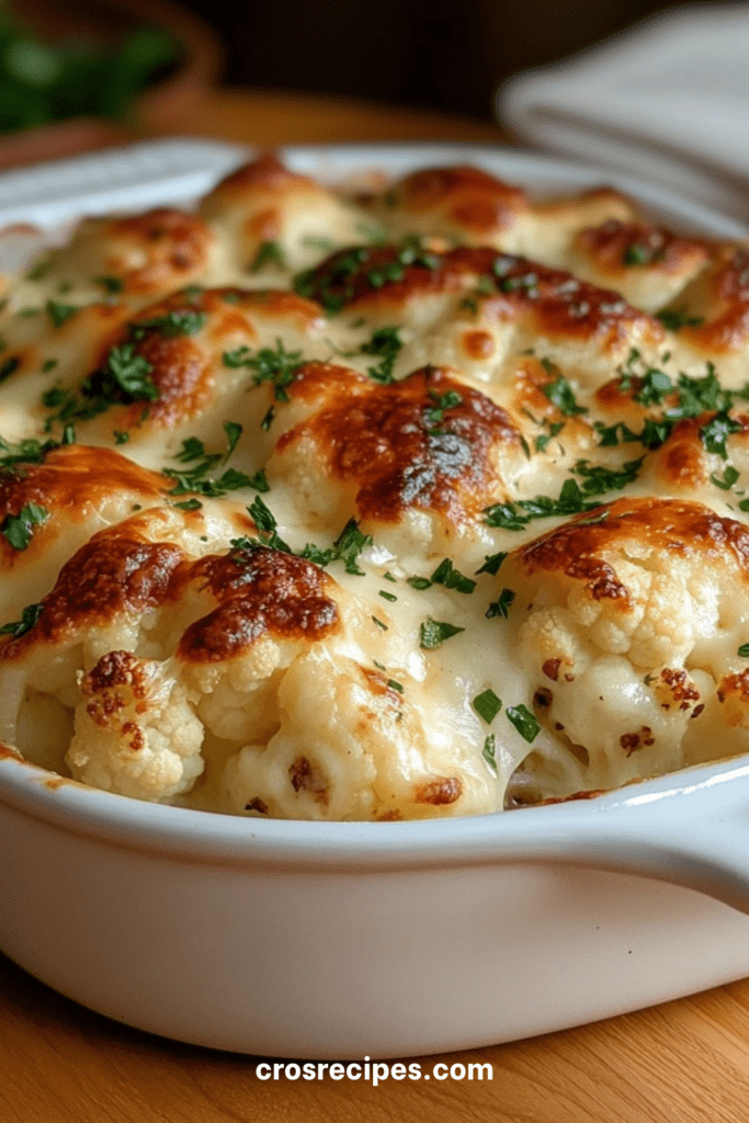 Gratin de chou-fleur au fromage doré au four, nappé de béchamel crémeuse et parsemé de fromage fondu, servi bien chaud.