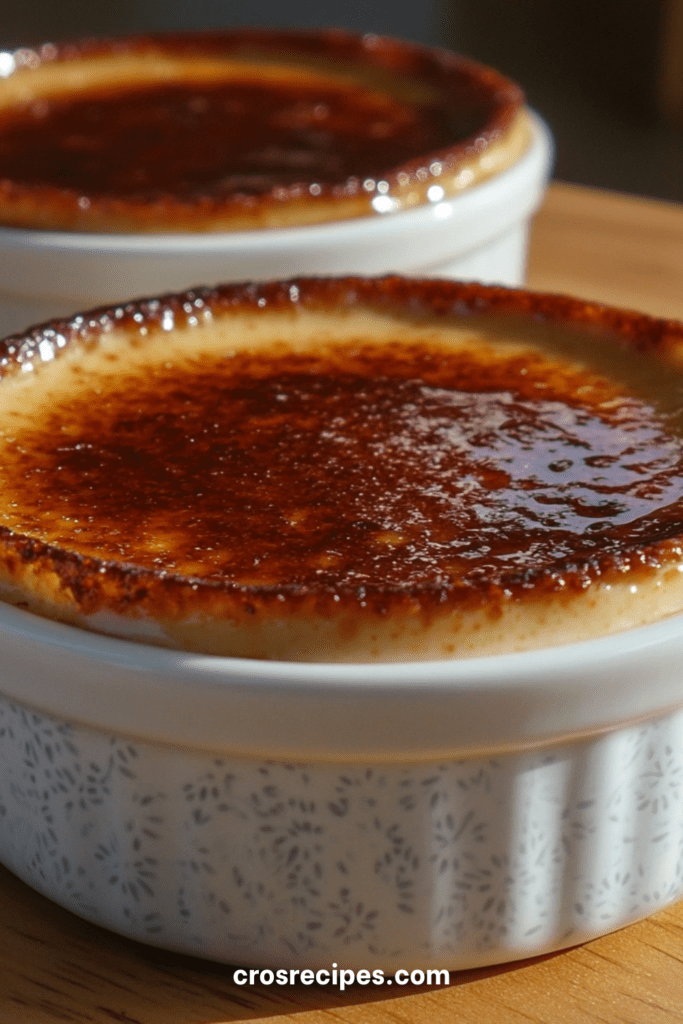 Crème brûlée vanillée maison avec croûte de sucre caramélisée dorée, servie dans un ramequin élégant, texture lisse et fondante.