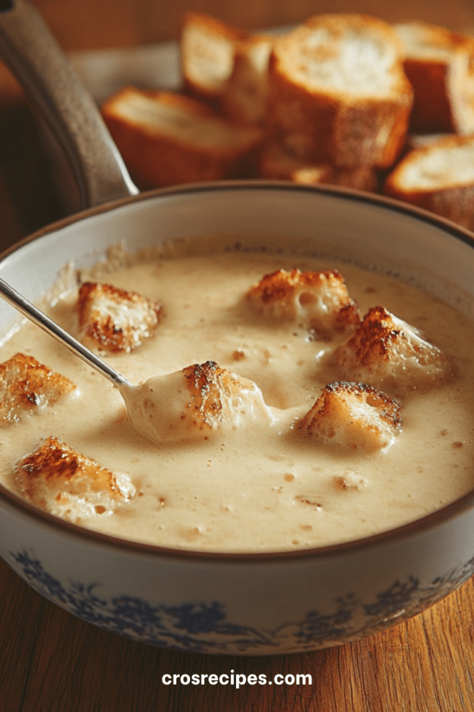 Soupe savoyarde au fromage servie bien chaude avec croûtons dorés et croustillants, texture crémeuse et fondante dans un bol rustique.