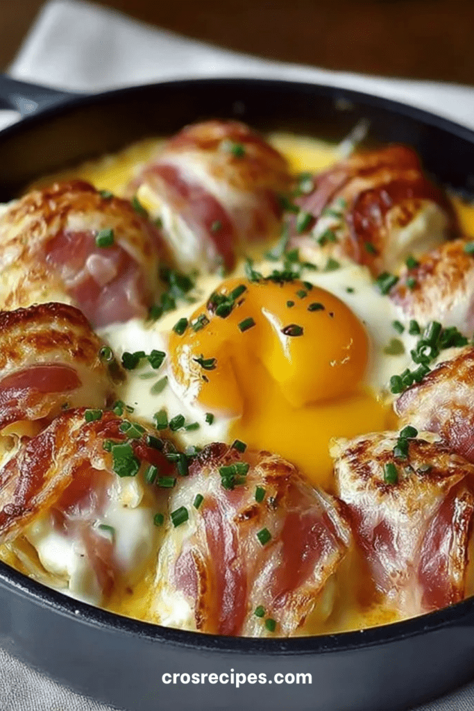 Œufs roulés au jambon nappés de crème et fromage fondant gratiné au four, servis bien chauds avec herbes fraîches ciselées.
