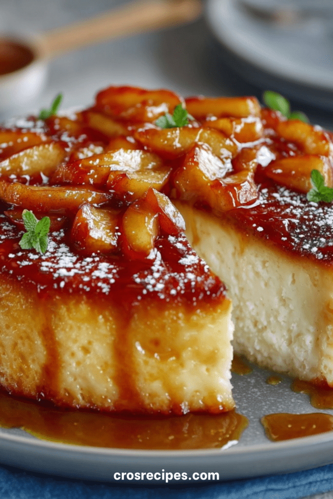 Flan aux pommes et yaourt doré au four, texture fondante et moelleuse, nappé de miel ou caramel, servi en parts avec morceaux de pommes.