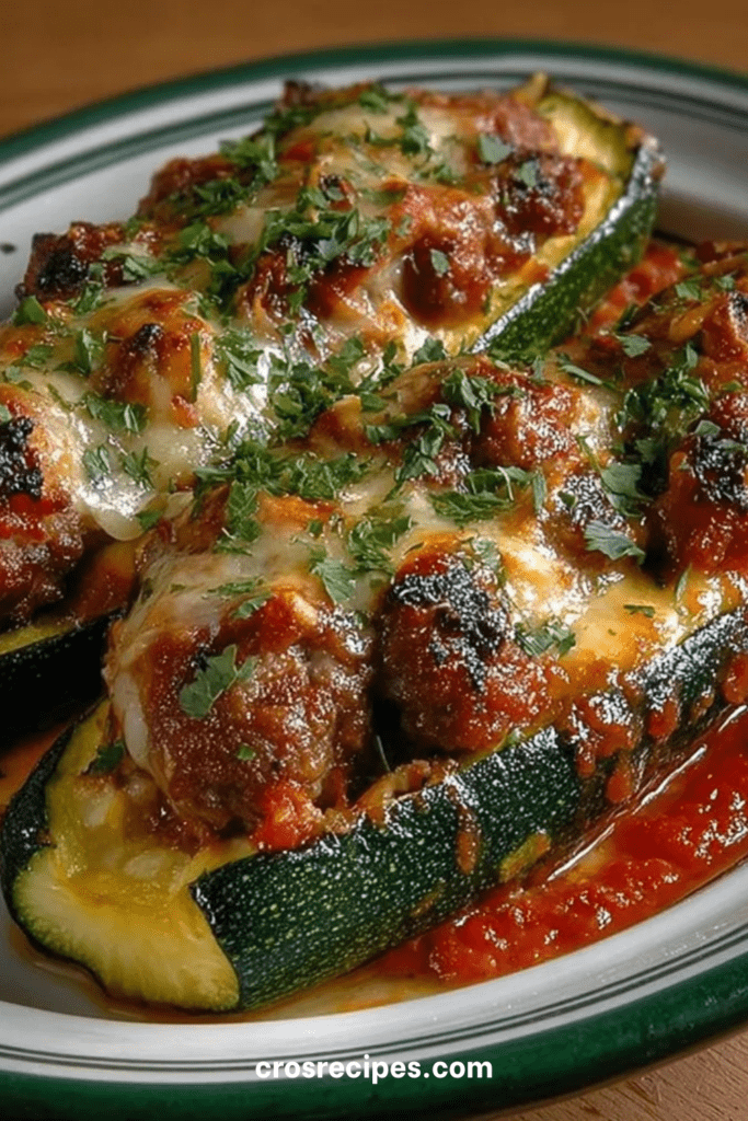 Courgettes farcies à la viande hachée, nappées de sauce tomate fondante et gratinées au fromage doré au four, servies bien chaudes.