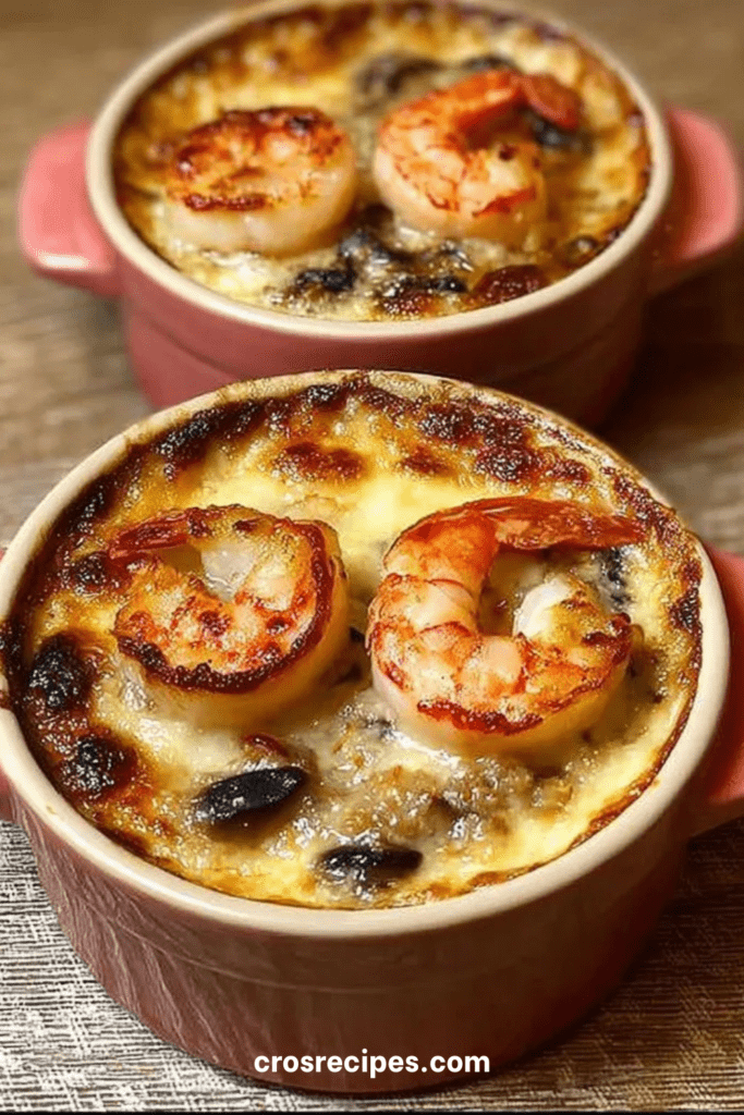 Cassolette de la mer crémeuse avec noix de Saint-Jacques dorées, crevettes roses et champignons fondants, gratinée et servie chaude.