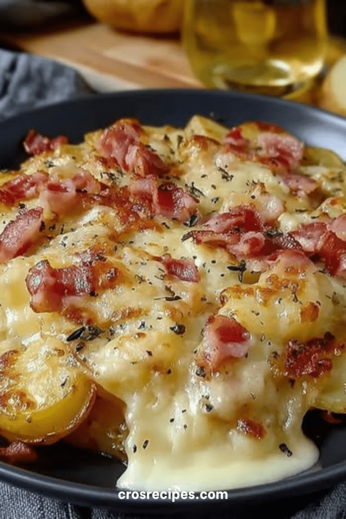 Poêlée de pommes de terre dorées avec lard fumé croustillant, oignons fondants et herbes aromatiques, servie bien chaude à la poêle.