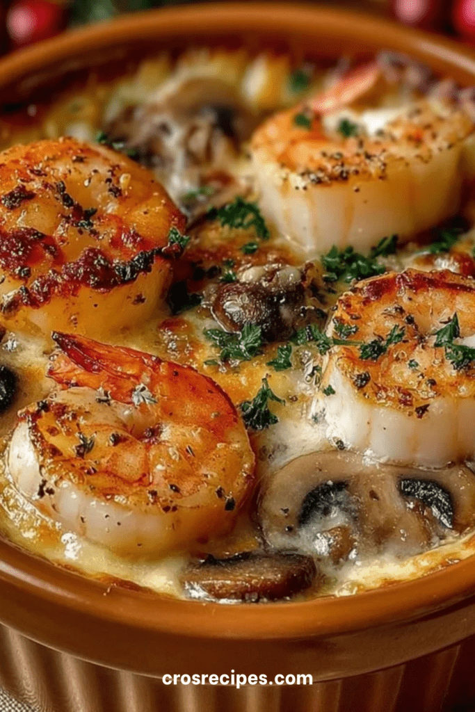 Cassolettes individuelles garnies de Saint-Jacques dorées, crevettes fondantes et champignons crémeux, servies bien chaudes avec persil frais.