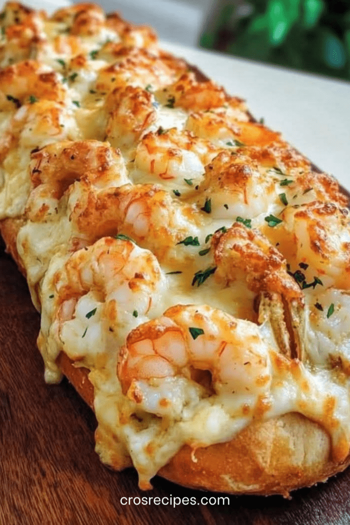 Baguette gratinée coupée en deux, garnie de crevettes, sauce crémeuse à l’ail et fromage fondu doré, parsemée d’herbes fraîches.