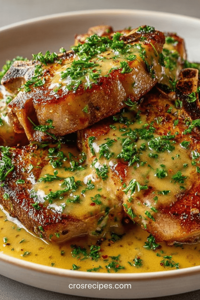 Côtes de porc dorées à la poêle nappées d’une sauce charcutière brillante au vin blanc et à la moutarde, servies chaudes avec persil frais.