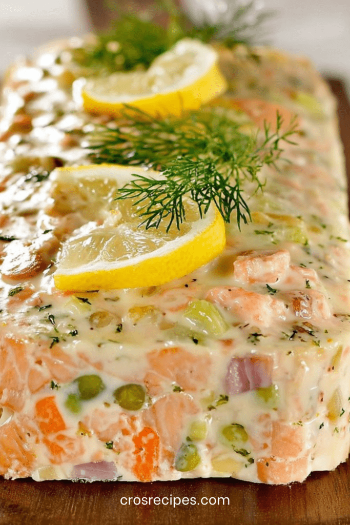 Terrine de poisson froide tranchée, texture fondante aux légumes, décorée d’aneth frais et de rondelles de citron, servie bien fraîche.